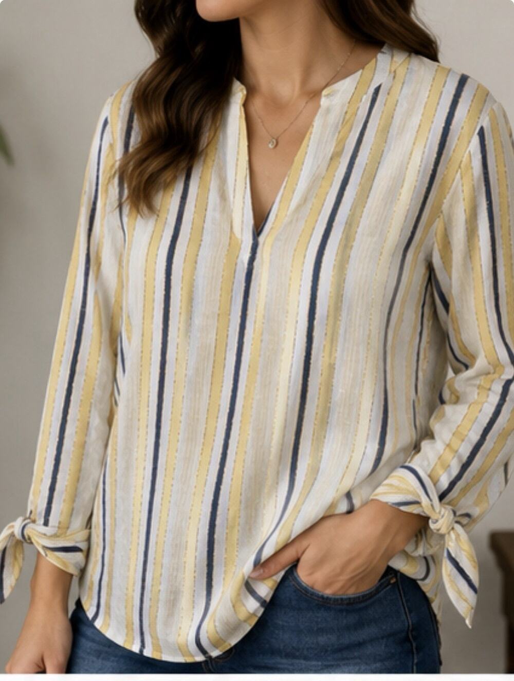 MICHAEL Michael Kors Womens M Metallic Stripe Blouse Gold Navy White